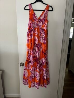 Anthropologie Floral V-Neck Maxi Dress in Orange and Pink